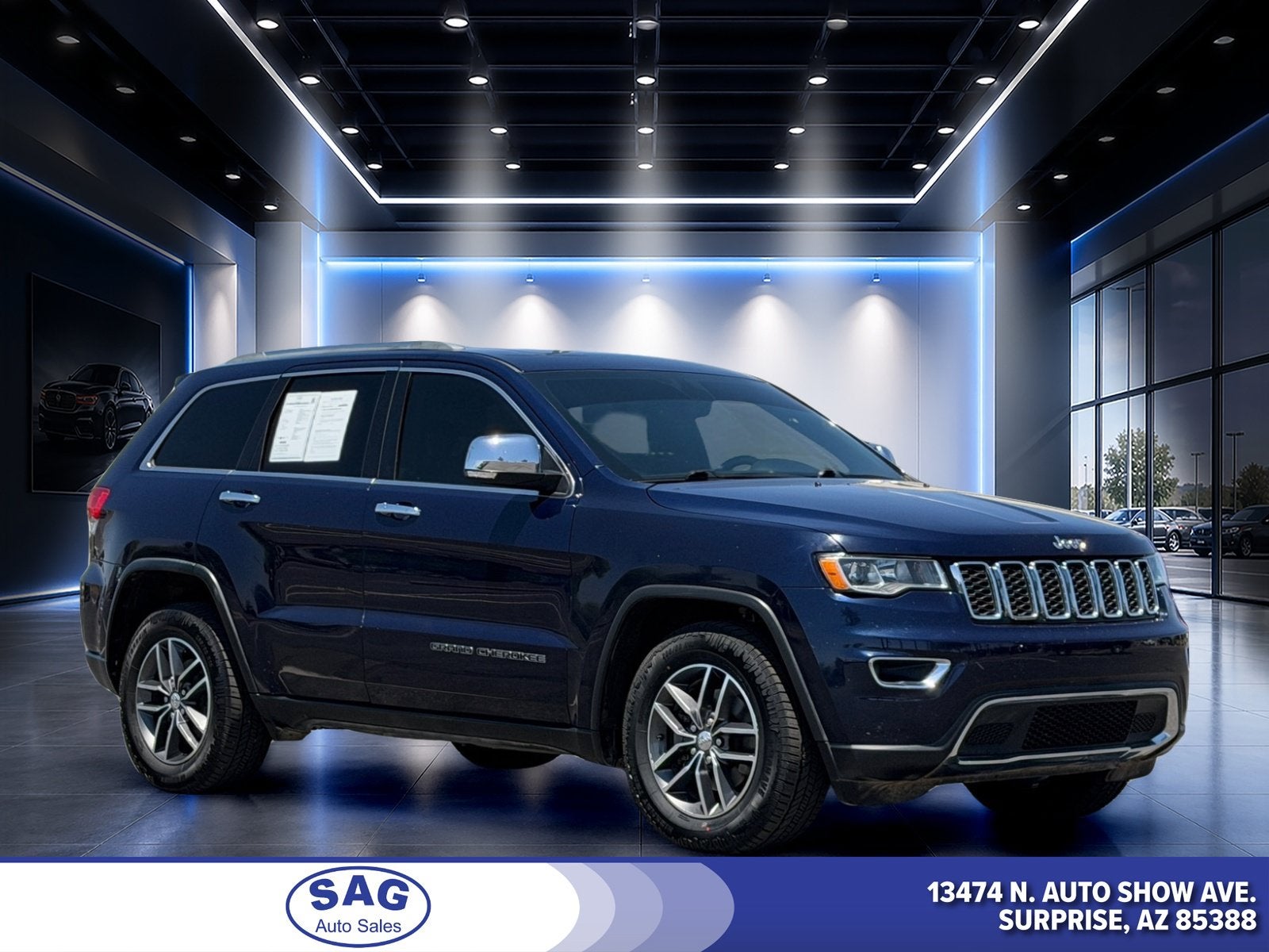 2018 Jeep Grand Cherokee Limited in True Blue Pearlcoat — front three-quarter view