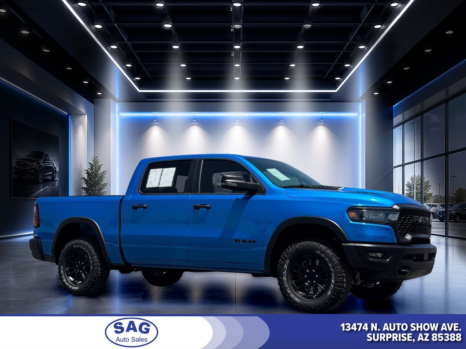 2026 RAM 1500 Rebel in Hydro Blue Pearlcoat — front three-quarter view