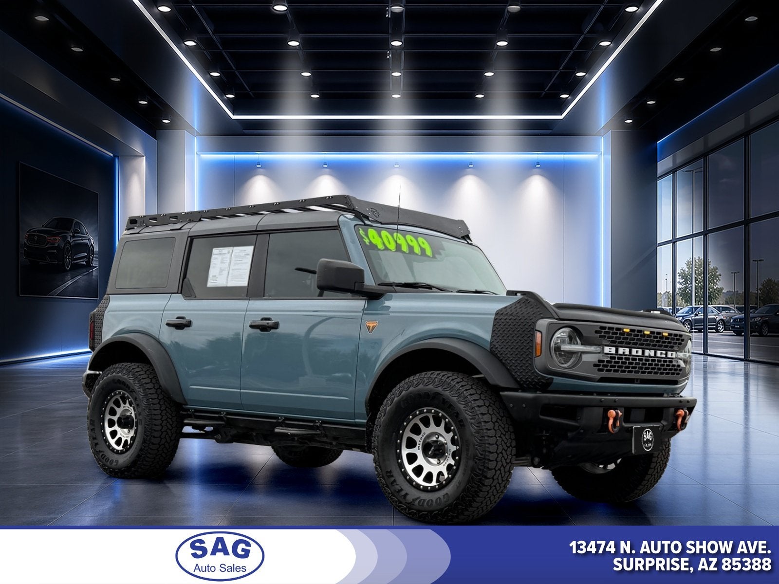 2022 Ford Bronco Badlands in Area 51 — front three-quarter view