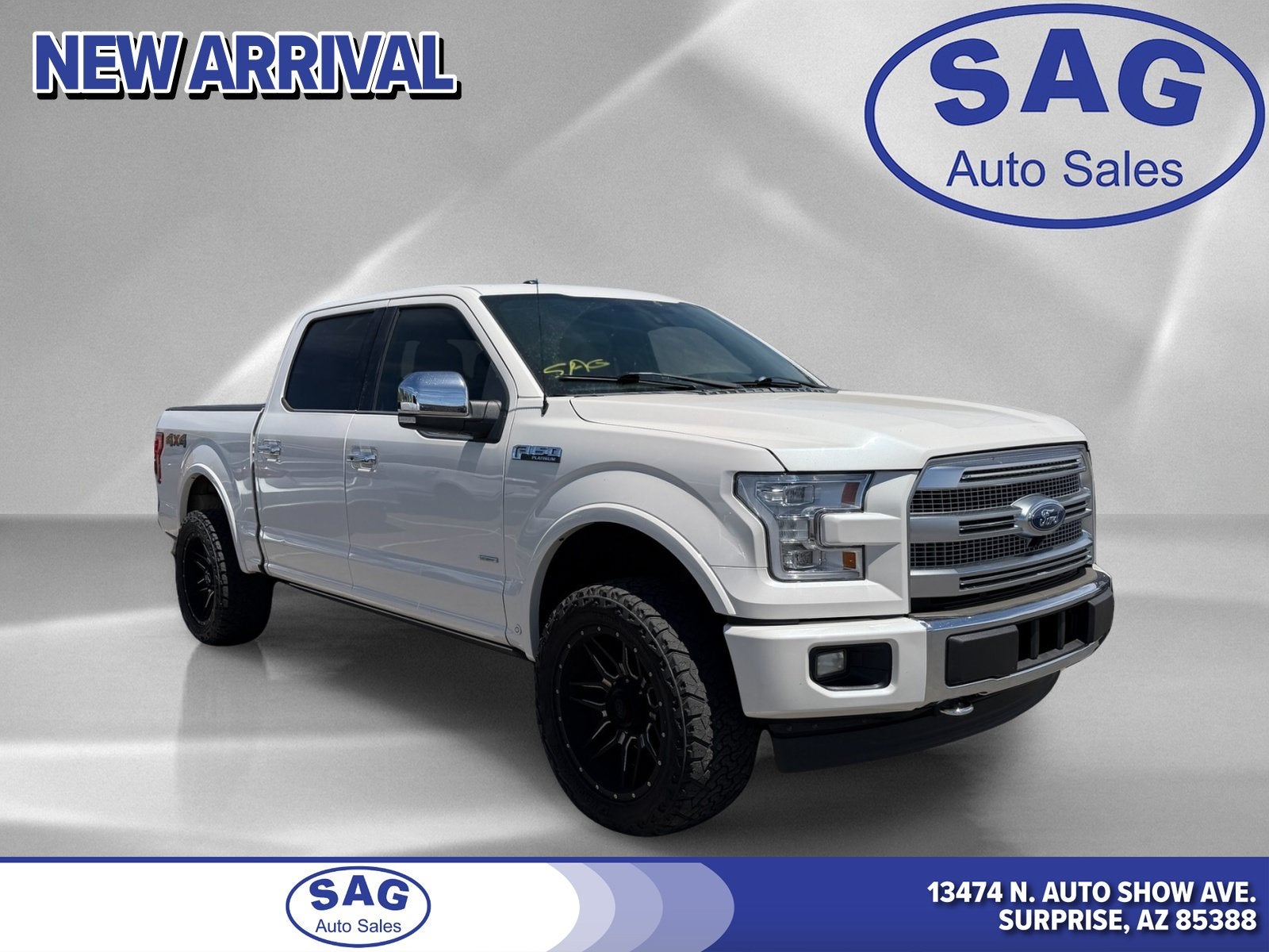 2015 Ford F-150 Platinum in White Platinum Clearcoat Metallic — front three-quarter view