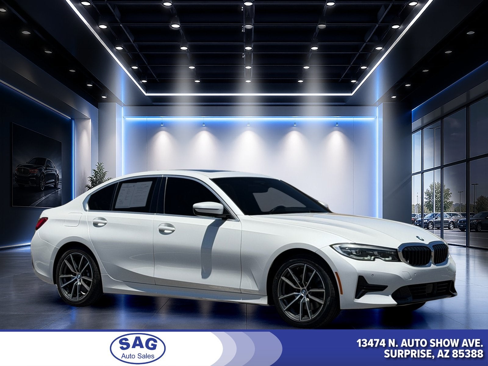 2021 BMW 3 Series 330i in Mineral White Metallic — front three-quarter view