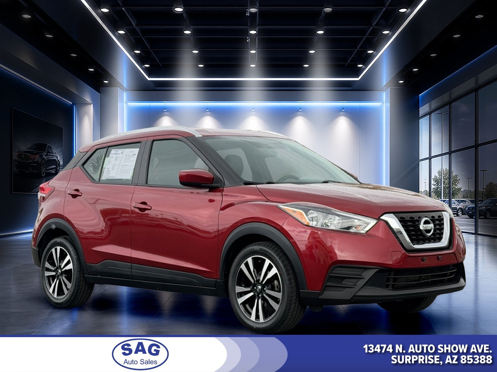 2019 Nissan Kicks SV in Cayenne Red Metallic — front three-quarter view