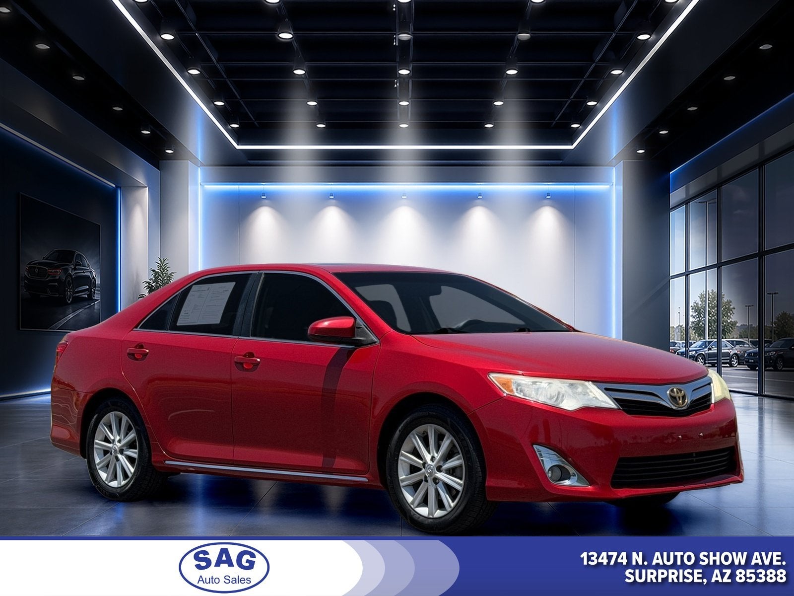 2012 Toyota Camry XLE in Barcelona Red Metallic — front three-quarter view