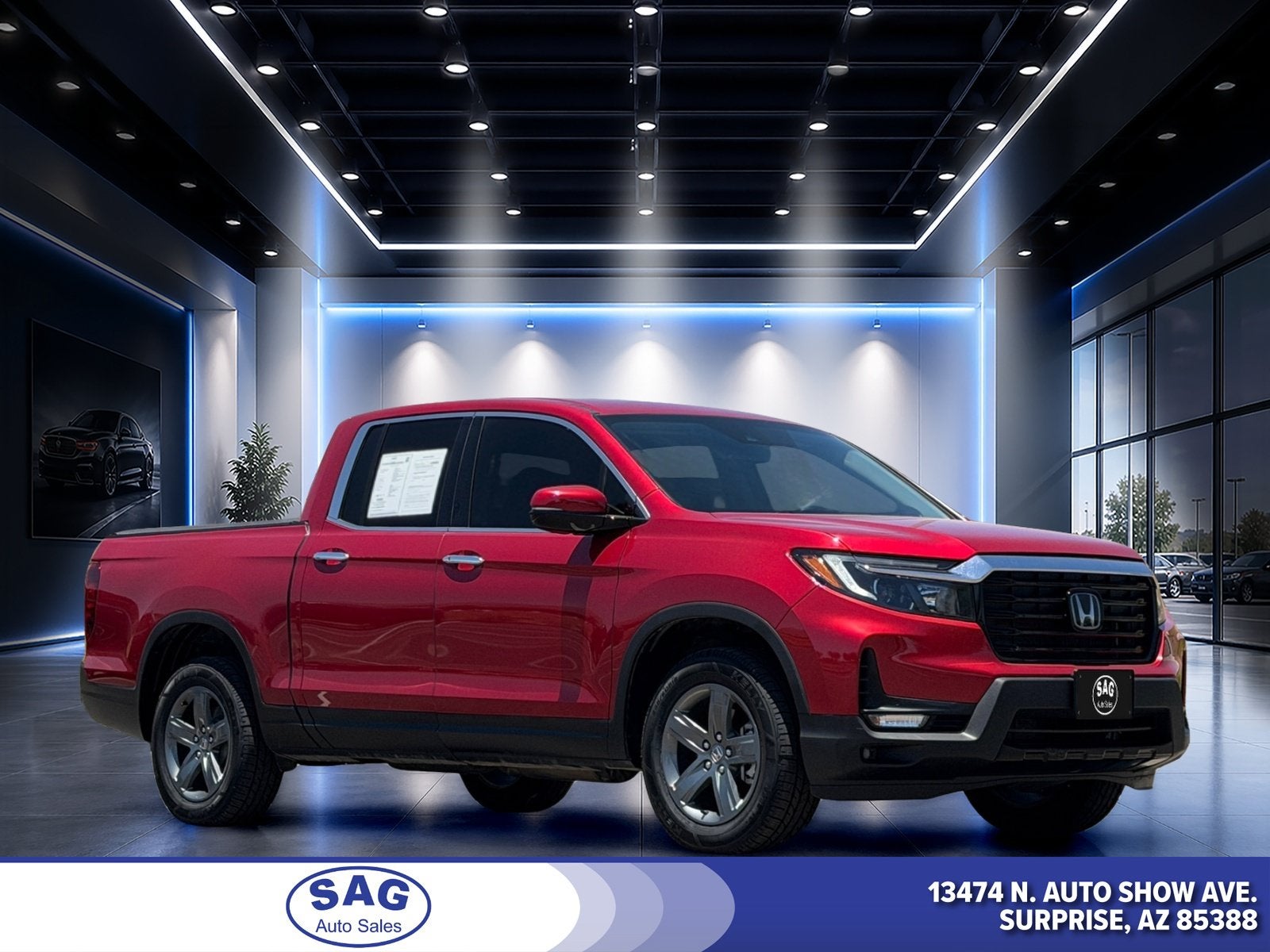 2023 Honda Ridgeline RTL-E in Red — front three-quarter view