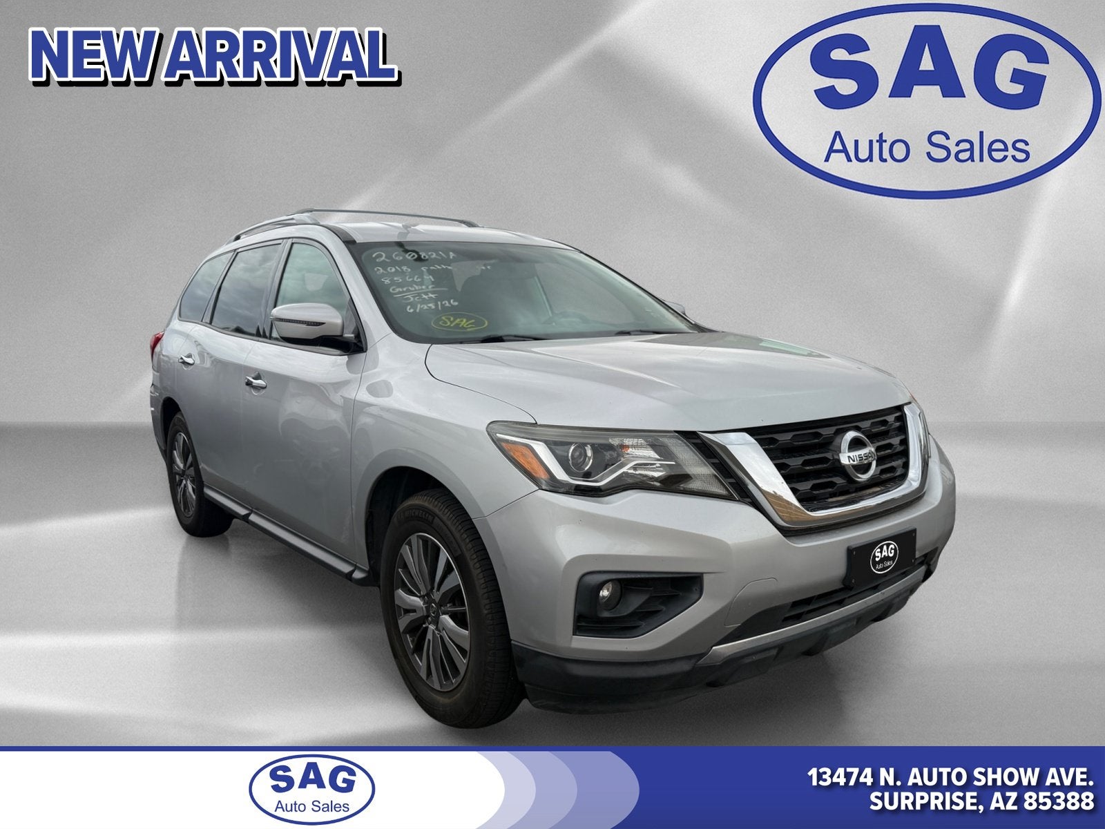 2018 Nissan Pathfinder SV in Brilliant Silver — front three-quarter view