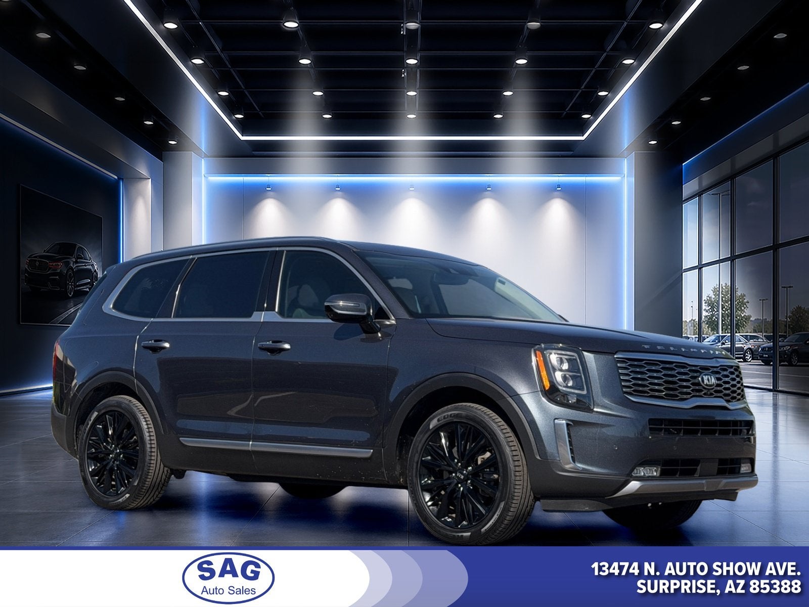 2021 Kia Telluride SX in Gravity Grey — front three-quarter view
