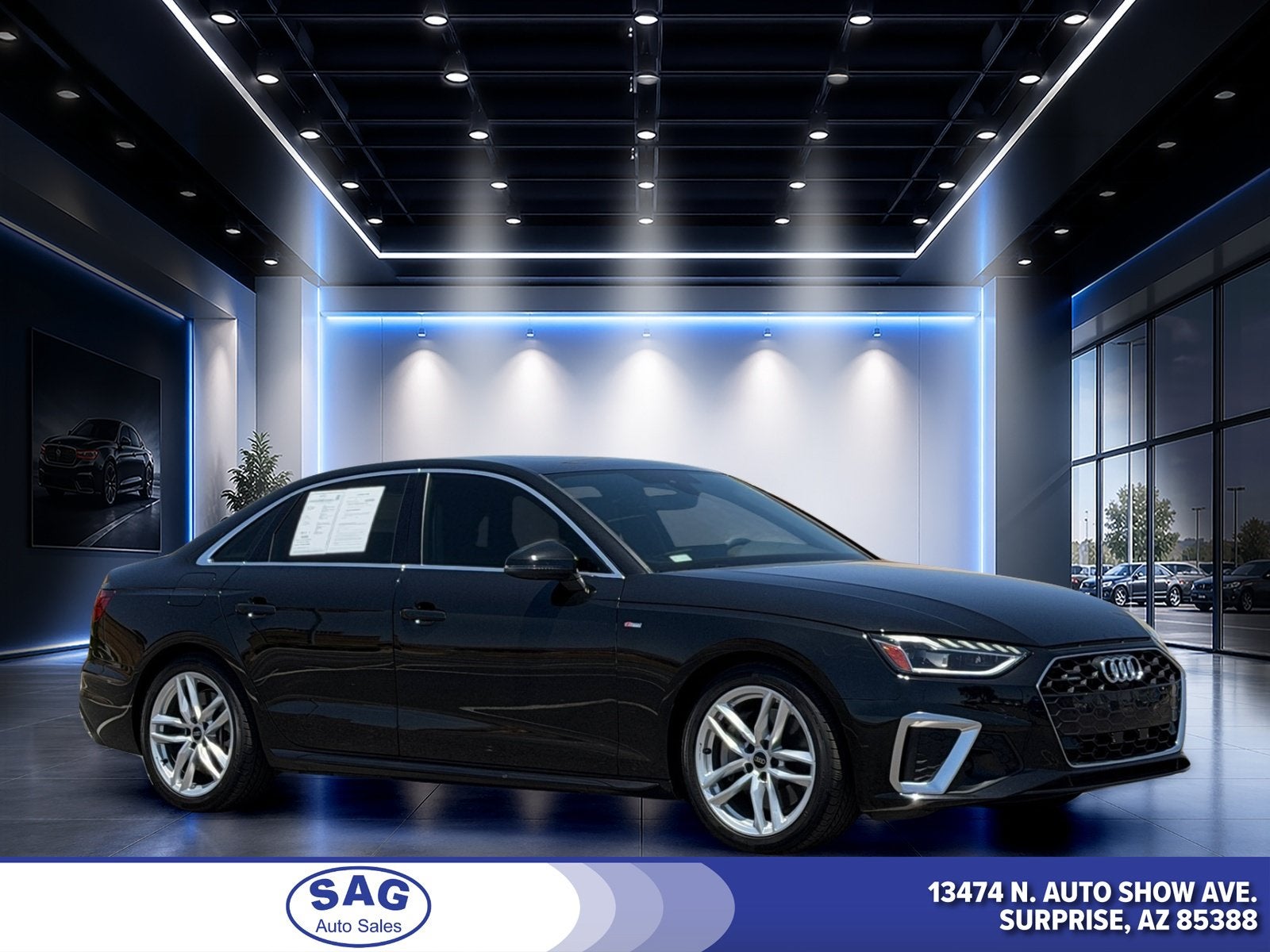 2023 Audi A4 Sedan S line Premium Plus in Black Metallic — front three-quarter view