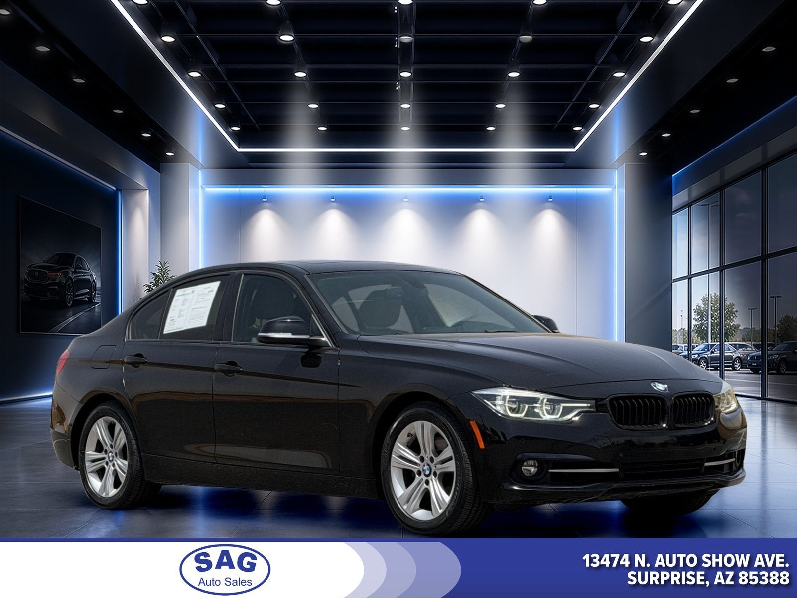 2016 BMW 3 Series 328i in Jet Black — front three-quarter view