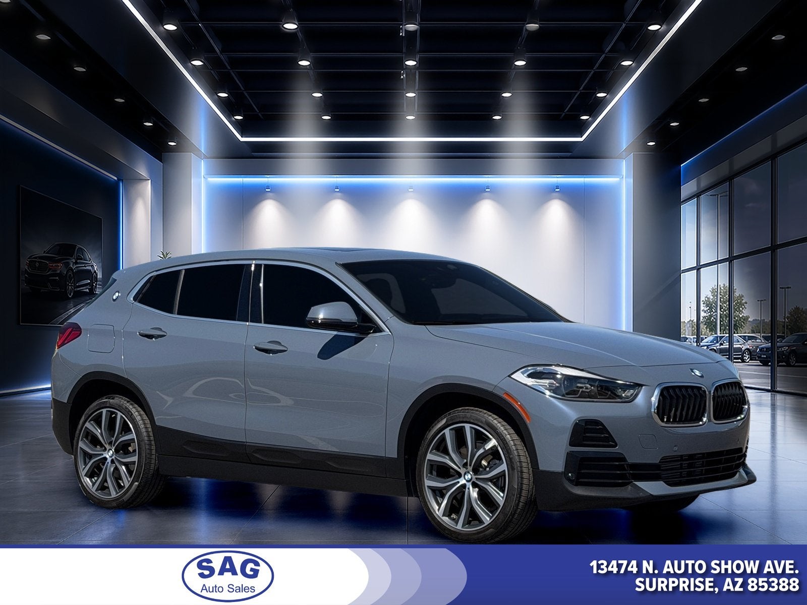 2022 BMW X2 xDrive28i in Storm Bay Metallic — front three-quarter view